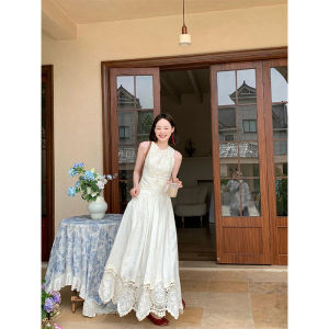 Elegant French Style Sleeveless Lace Dress Women Summer High Quality Fairy Long Skirt Commute Style Other Material Vest Dress