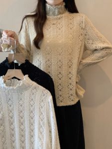 เสื้อเชิ้ตคอสูงครึ่งตัวลูกไม้สไตล์ฝรั่งเศส ทรงหลวม แขนยาว ปกโปโล ทรงหลวม ฤดูใบไม้ร่วง 2024 ใหม่ เสื้อเชิ้ตชั้นใน