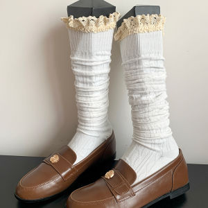 Gray Lace Trim Mid-Calf Socks Womens Spring Autumn Black Over-The-Knee Socks Matching with Small Leather Shoes JK White Mid-Tube Socks