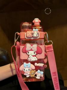 Kuromi childrens water cup Melody Sanrio students boys and girls water bottle straw cup Transparent Drinkware Cup straw cup 520ml 儿童卡通水杯/水瓶