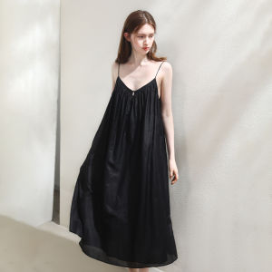 Miccbeirn | Silk Cotton Simple Style Strap Dress Elegantly V-neck Drapey Long Casual Fashionable A-line Skirt For Slimming Effect