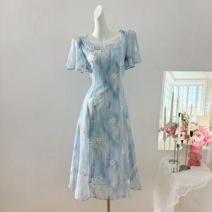 Blue Embroidered A-Line Dress French Country Style Waist-Cinching Long Skirt Summer Fashion College Style Midi Dress for Women