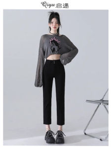 High Waist Black Double Buckle Cigarette Jeans Womens Straight Leg Versatile Small Size Nine Point Pants Cotton Stretch Denim