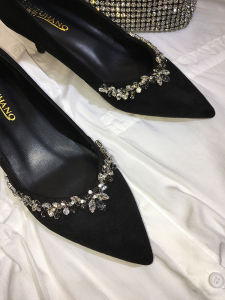 Elegant Korean Style Womens Shoes Black Velvet Surface High Heels Comfortable Slip-On Daily Wear Pointed Toe Fashion Footwear