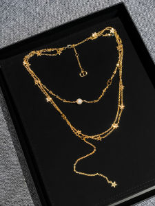 JADID | Golden Pig Nose Layered Star Pearl Sweater Necklace