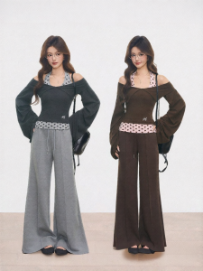 WESTAYONE | Korean Dot Print Spaghetti Strap Off-Shoulder Knit Top Pants