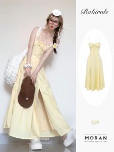 Summer Milky Yellow Gentle Sling Dress Womens Summer Design Niche Style Sleeveless Tube Top Split Dress Waist-Tight Slim Looking