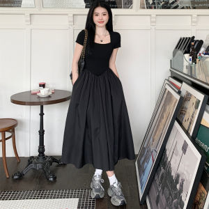 Black Square Collar Slimming Flattering Long Dress for Plus Size
