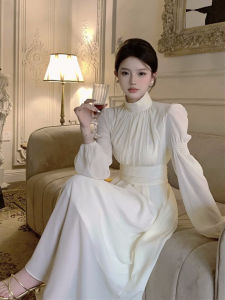 French Style High Collar Long Sleeve Womens Dress Autumn Winter New Arrival Elegant Skirt Chiffon A-Line Long Dress
