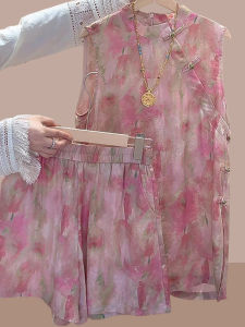 Shalldoer | New Chinese Style High-End Pink Vest Set Women Summer Buttonless Sleeveless Top Shorts Two-Piece Set Round Neck Button Closure