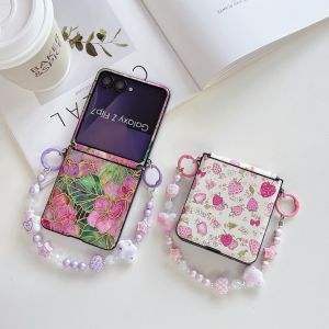 szhaiyu | Phone Case For Samsung Galaxy Z Flip 8 7 6 5 4 3 With Luxury Retro Flower Crystal Beads Chain With Wrist Strap Shockproof Cover