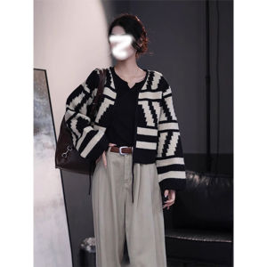 BINKAFENNY | Stunning Color Block V-Neck Knitted Jacket Womens Early Autumn Loose Design Unique Beautiful Short Top Banded Outerwear