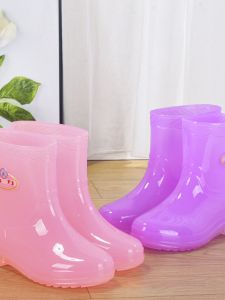 Anti-Slip Short Plastic Rain Boots Womens Four-Season Jelly Waterproof Transparent Mid-Calf Laundry Plastic Shoe Covers