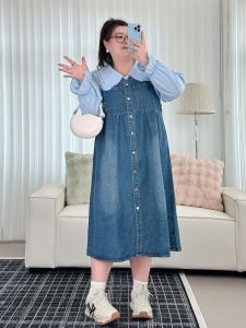 plus Size Denim Overalls Dress Womens Mid-Length A-Line Skirt High Waist Long Sleeve Button Detail Cotton Polyester Blend