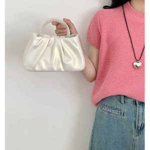 2025 New Cloud Folded Pearl Handbag Womens Shoulder Bag Korean Style Leisure Fashion Small Leather Goods Handbag