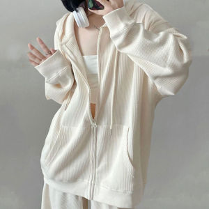 เสื้อสเวตเตอร์มีฮู้ดแบบมีซิปและมีฮู้ดแบบมีซิปสำหรับผู้หญิงในฤดูใบไม้ผลิและฤดูใบไม้ร่วง ทรงหลวม บาง หนา ขนแกะ ฤดูหนาว เสื้อคลุมคาร์ดิแกนแบบเปิด