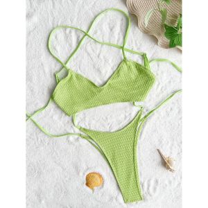 Womens Backless One-Piece Swimsuit with Strap V-Neck Short Sleeve Polyester Fiber Bikini Suitable for Ages 18-25