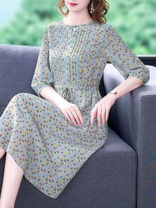 Elegant Chiffon Midi Dress Womens Fashion Spring Autumn Summer High Waist Seven-Quarter Sleeve Printed Gown for Mom