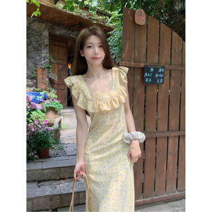 ชุดเดรสยาวทรงเอลายดอกไม้สไตล์ฝรั่งเศสย้อนยุคสำหรับผู้หญิงในช่วงฤดูร้อน เอวเข้ารูป กระโปรงทรงเอ แขนสั้น คอเหลี่ยม