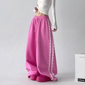 MUYUZI | Winter Warm Lace Trimmed Flared Sporty Pink Women Trousers