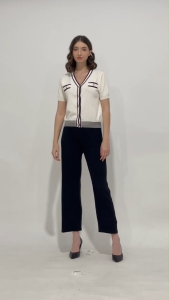 MINEOLA Jisoo Contrast Trim V-Neck White Knit Top (Atasan rajut wanita korean style premium)