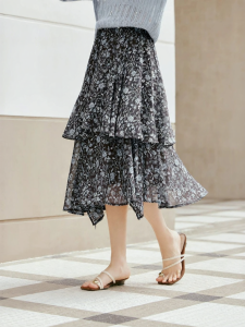 XIANGYING | Chân Váy Dài Không Đều Vintage Hoa Văn Chiffon