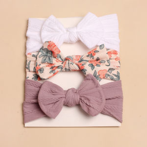 3 Pack Mix Print Bow Baby Headband Soft Waffle Knit Turban Newborn Girls Hair Accessory Gift for Casual Daily Photoshoot Wear