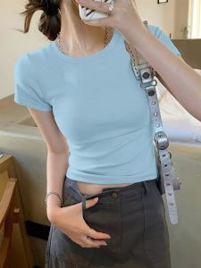 Light Blue Short Sleeve T-Shirt Womens Summer New Style Mask Body Fit Slimming French Basic Short Top Casual Style Pure Color