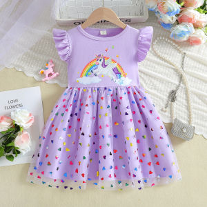 Childrens Korean Version Dress 2026 New Girls Summer Cartoon Printed Short Sleeved Mesh Princess Dress