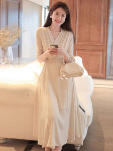 Elegant French Style Silk Long Dress Womens Spring Summer New Tea Break Skirt Slimming High Waist A-Line Gown Inner Queen