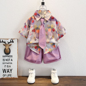 Boys Summer Fashionable Short Sleeve Shirt Set Hong Kong Style Casual Sportswear Five-Piece Pants Youthful And Handsome Baby Clothes