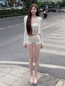 Summer New Fashionable Three-Piece Set Womens Long Sleeve Knitted Open Cardigan Lace Splicing Fishbone Strap Shorts