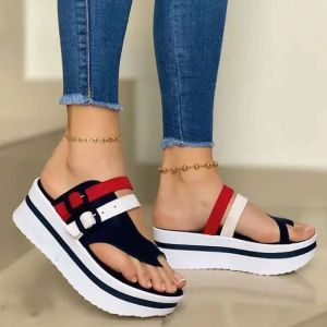 New Summer Womens Sandals Plus Size Sandals with Platform Sole Pullover Toe Buckle Color-blocked Womens Slippers