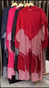 Syari Gamis Set Hijab Motif Salur Terbaru