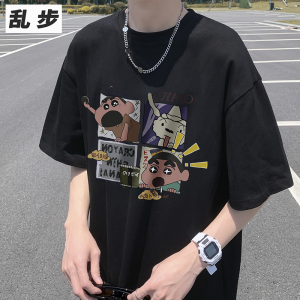 HipHop American Style Pure Cotton Small Neckline T-Shirt Mens Summer High School Students Loose Casual Short Sleeve Oversize Half Sleeve