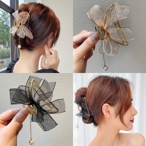 Fashion Net Yarn Bow Pearl Tassel Hair Clip Korean Ribbon Hair Pin Organza Bow Hair Claw Hair Accessories