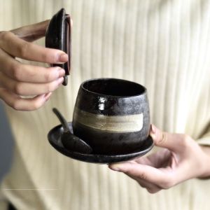 Japanese Style Ceramic Steamed Egg Cover Bowl Family Use Slow Cooker with Spoon Thick Clay Brushed Bowl with Lid Practical Small Bowl