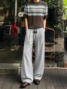 OUMULONG | White Ice Silk Check Pants Light and Breathable Leisure Trousers