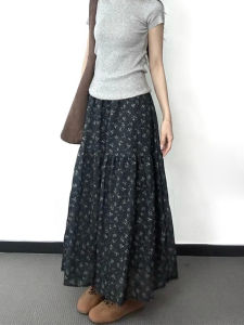 Floral A-Line Midi Skirt High Waist Womens New 2025 Conceal Hip Slimming Long Draping Gored Skirts Korean Style Polyester Fiber