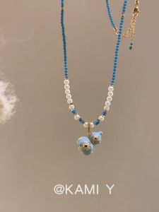 Blue Turquoise Gourd Necklace New Chinese Style Fashionable Elegant Sweater Chain Alloy Embedded Artificial Gem Geometric Pattern for Women