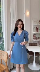 SG655  เดรสคอวีไขว้แต่งกระดุมหน้า งานมาใหม่ ผ้าบาร์บี้ มีสายผูกเอว #ชุดทำงาน #ชุดออกงาน