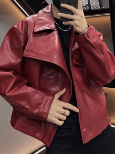 Ankgor Red Irregular Short Leather Jacket Mens Spring Autumn Stylish Stand Collar Biker Jacket Standard Fit Long Sleeve