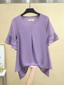 European Station Plus Size Womens Summer Belly Covering round Neck Loose Slimming and All-Matching Chiffon Shirt Short Sleeve Tops Womens Small Shirt