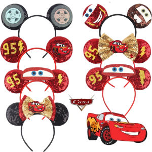 Disney Anime Cars Ears Headbands Women Sequins Bow Hairband Girls Pixar 95 Lightning McQueen Hair Accessories Kids Headwear Gift