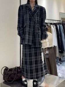 Autumn New Arrival Korean Style Fancy Niche Temperament Plaid Blazer Elastic Waist Skirt Fashion Two-Piece Suit