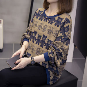 Loose Fit Printed Sweatshirt Womens Casual Long Sleeve round Neck Overhead Bottoming Shirt Large Size Spring Autumn New Style