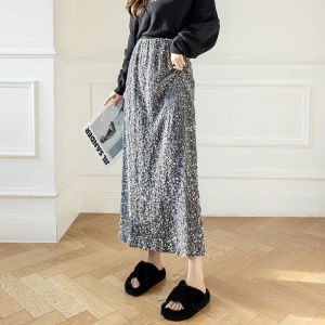 Velvet Sequin A-Line Midi Skirt Womens Spring Autumn Fashion High Waist Vintage Style Floral Pattern Polyester Blend Skirt