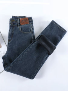 High Waist Loose Straight Leg Jeans Womens Autumn Winter New Style Fleece Lined Ankle Length Slimming Effect Cotton Denim