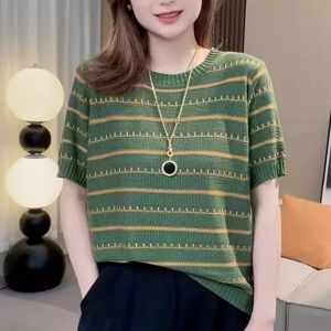 Áo Thun Dệt Kim Tay Ngắn Mỏng Bằng Lụa Băng Mùa Hè 2024 Áo Thun Cổ Tròn Dáng Rộng Đa Năng Cho Nữ