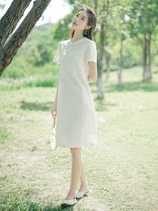 Young Girls Summer 2025 New Style Pure Cotton Chinese Dress Loose Waist Short Sleeve A-Line Skirt Daily Wear Tea Ceremony Dress